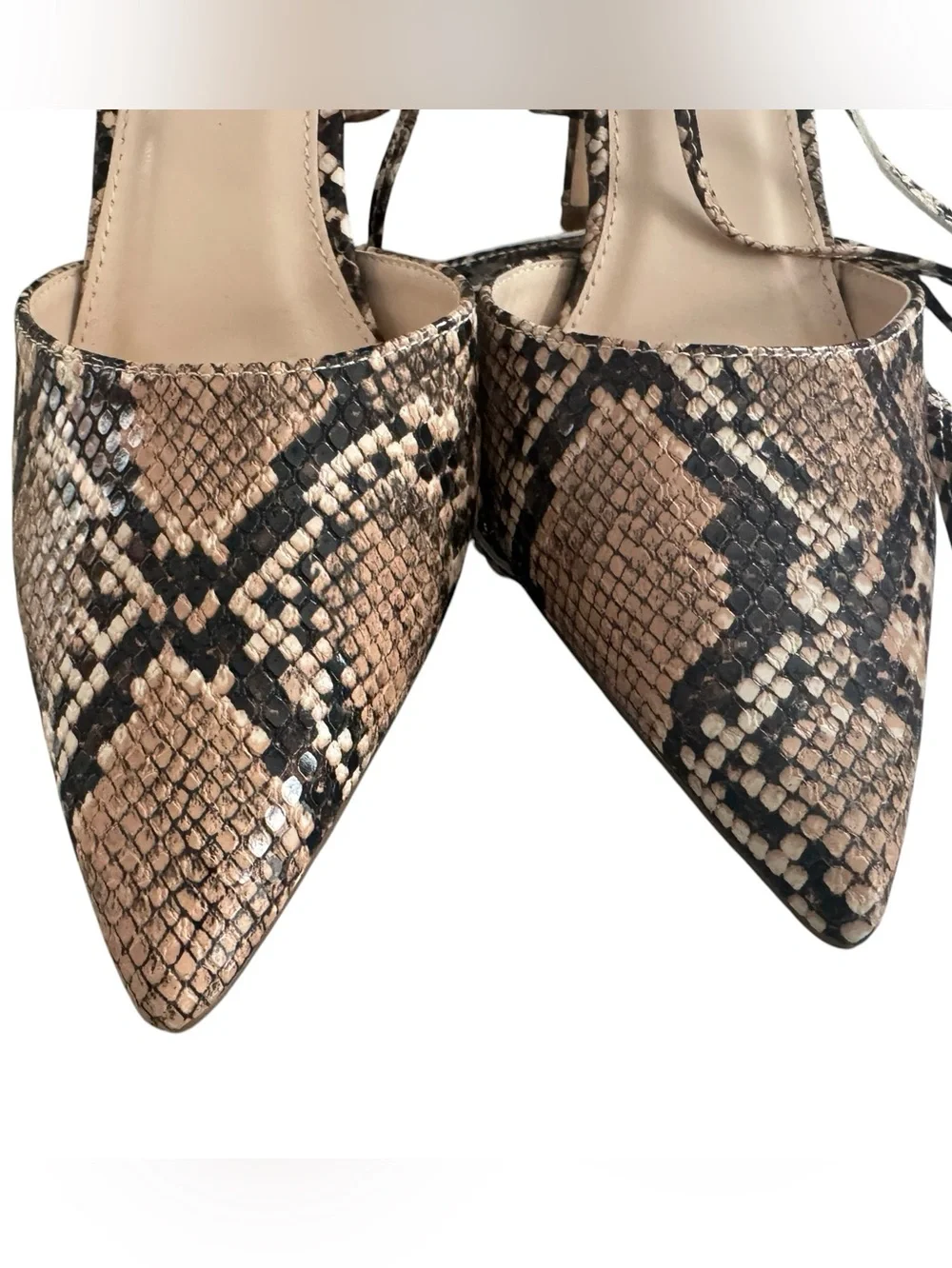 Lulus Marie Tan Snake Print Lace-Up Heels size 7.5